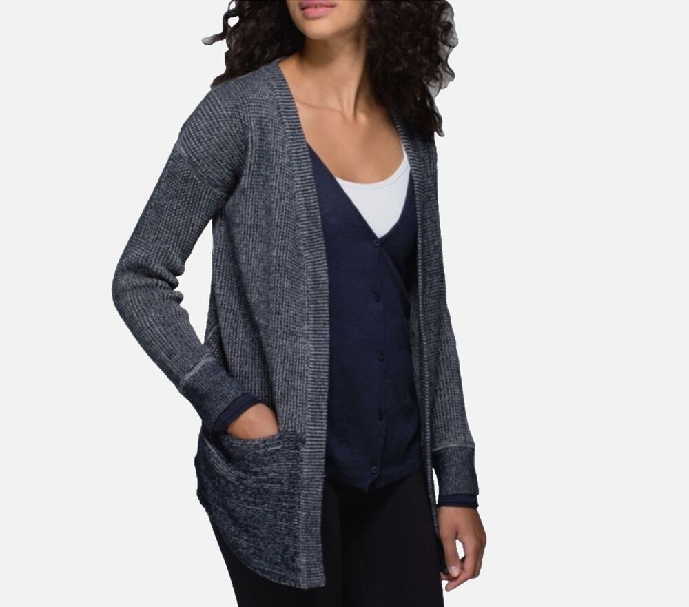 Lululemon Vestigan Cardigan Womens M Black Blue Draped Front Thumbhole Sweater